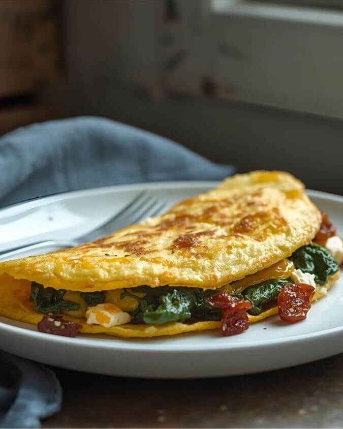 Fluffy omelet filled with spinach, feta, and sun-dried tomatoes on white plate
