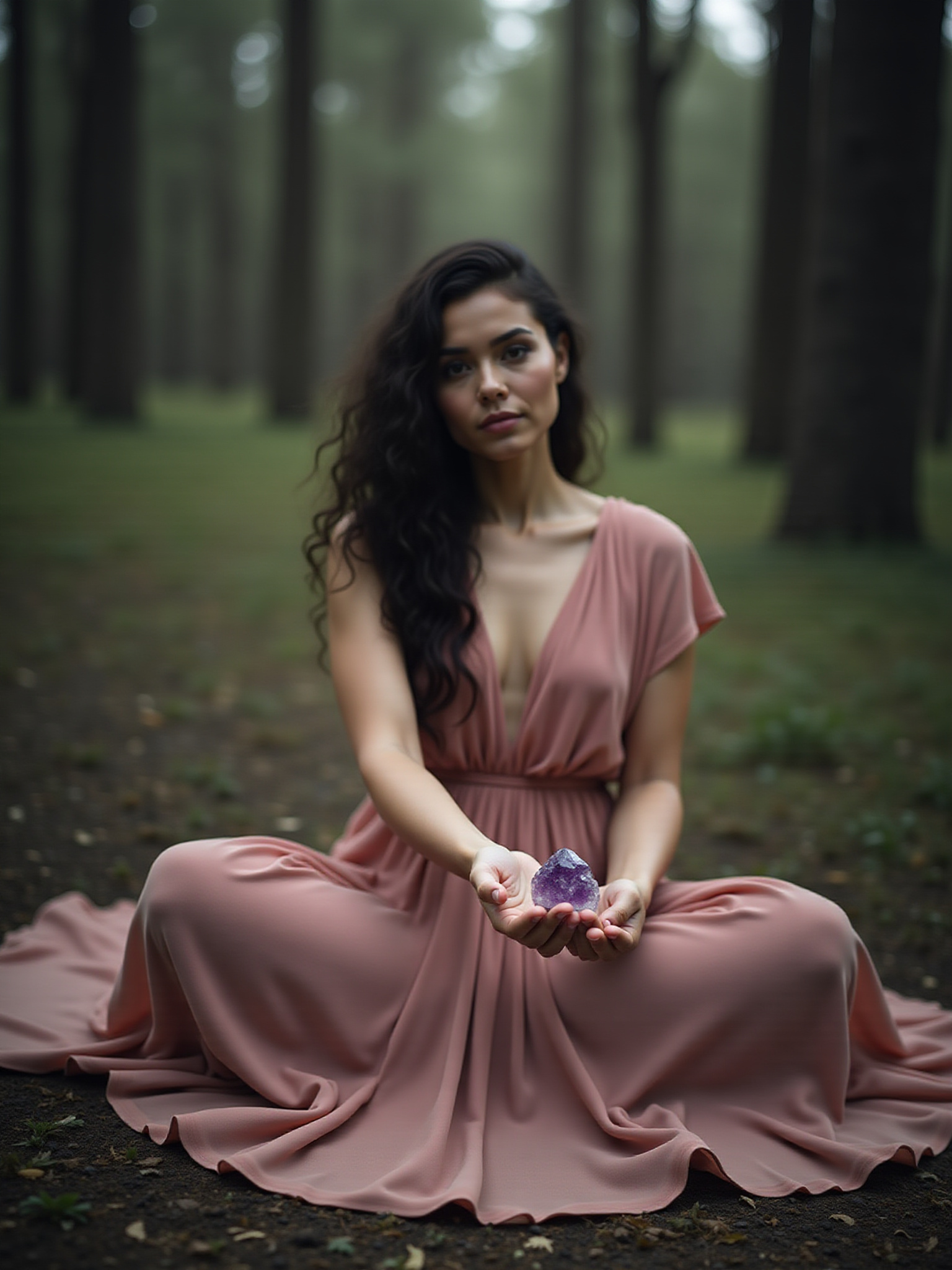 Woman in pink dress holding amethyst crystal in forest