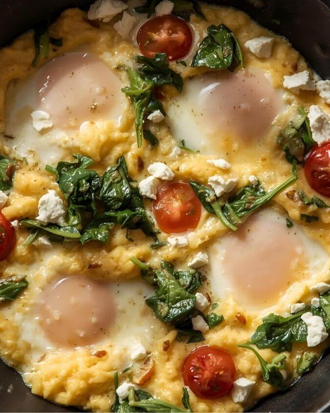 Fluffy scrambled eggs with spinach, feta, and cherry tomatoes in a skillet