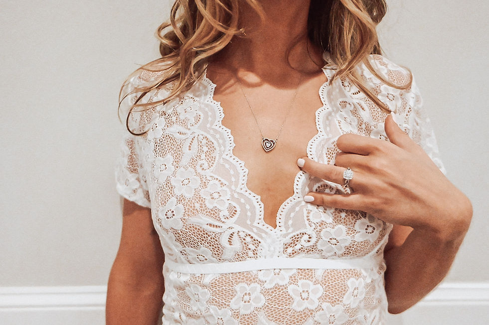 Close-up of a woman in a white lace dress, touching a heart-shaped necklace. She has wavy hair and wears a ring. Neutral background, heart necklace, elegant bridal boudoir, white nails, glamorous