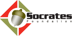 Socrates foundation logo, an acorn surrounded by red and green shapes, to the left of the words socrates foundation