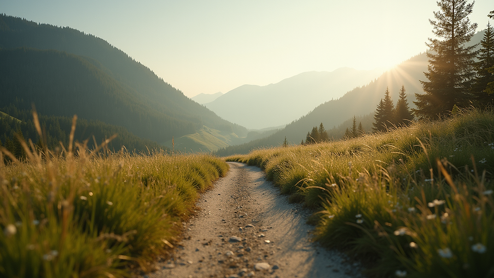 Eye-level view of a serene natural landscape with a winding path