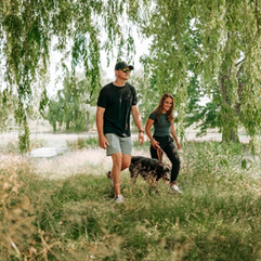 A couple walks a dog under a weeping willow in a lush park. Sunlight filters through the leaves, creating a serene and joyful atmosphere.