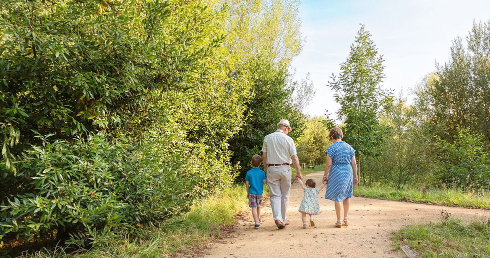 Family of four walking on a forest path. Adults are holding a child's hands. Lush greenery surrounds the sunny scene, conveying warmth.