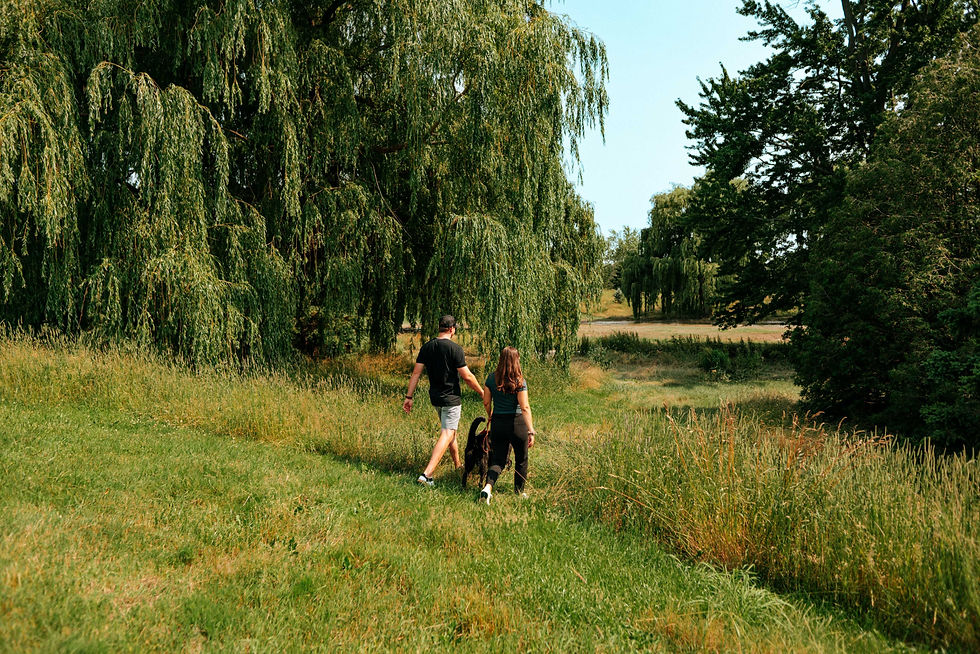 Person walking their dog along a forested trail near Grand Bend, showcasing the peaceful simplicity of living with your dog in Grand Bend.