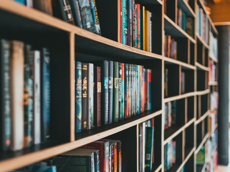 Colorful books line black wooden shelves in a bright library aisle, with soft focus and sunlight streaming from the right.