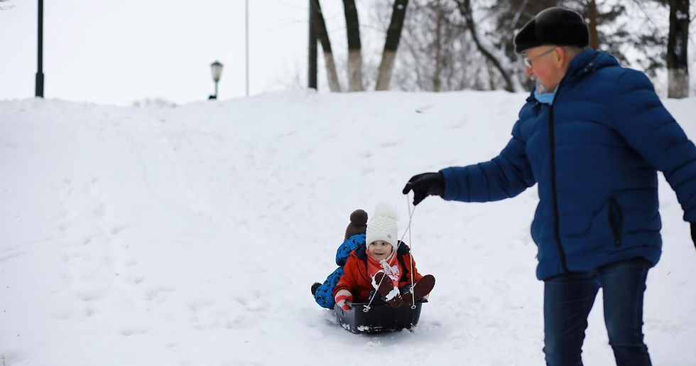 Child in red coat sledding down snowy hill, smiling. Adult in blue jacket pulls the sled. Snowy trees and lampposts in the background.