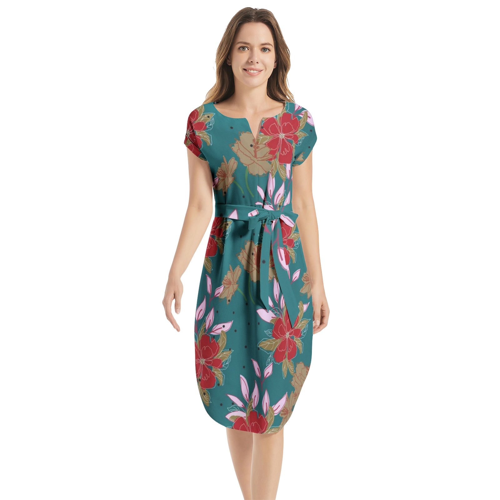 Dolota Floral Neck Belted Dress