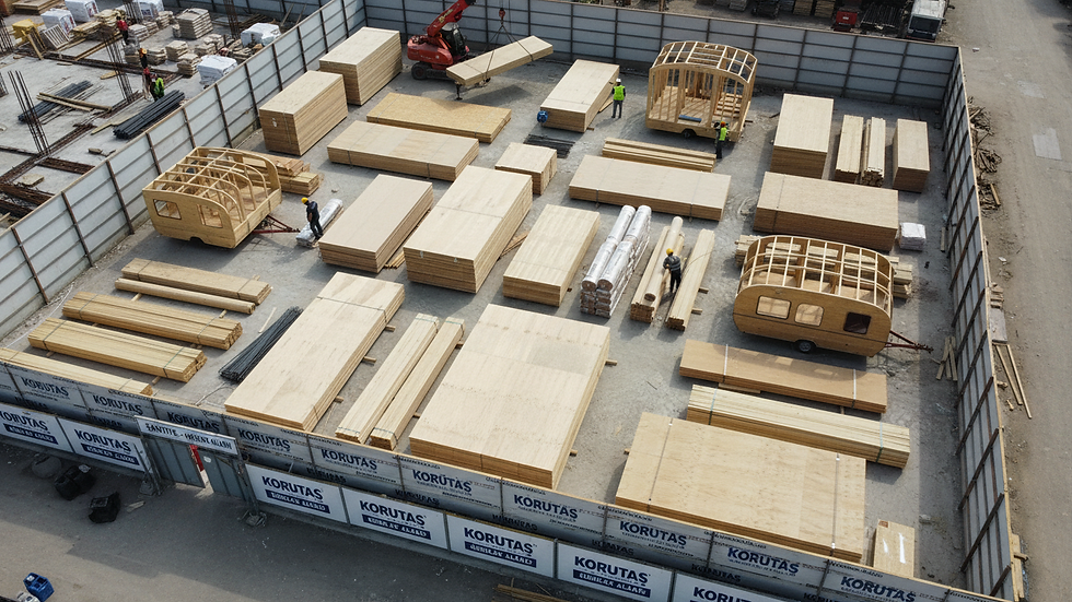 High angle view of construction site using Korutaş kontrplak panels