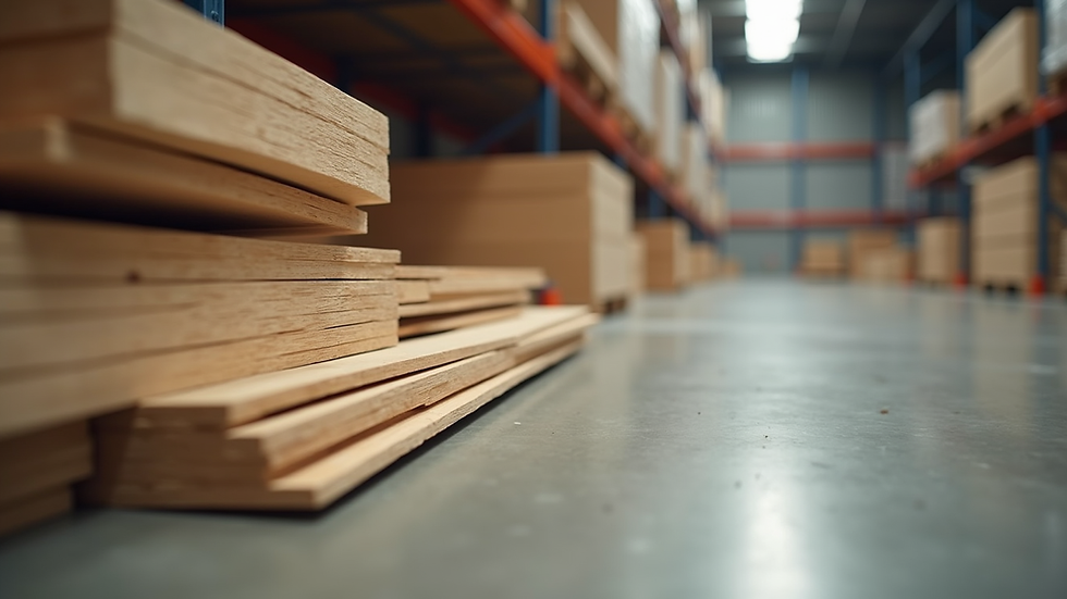 Eye-level view of stacked plywood sheets in a warehouse