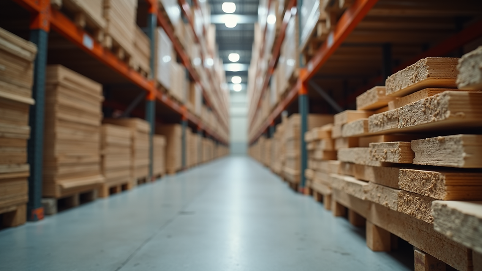 eye-level view of stacked wooden panels in warehouse