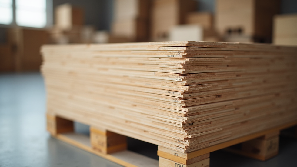 Close-up view of 11 mm OSB boards stacked on a wooden pallet