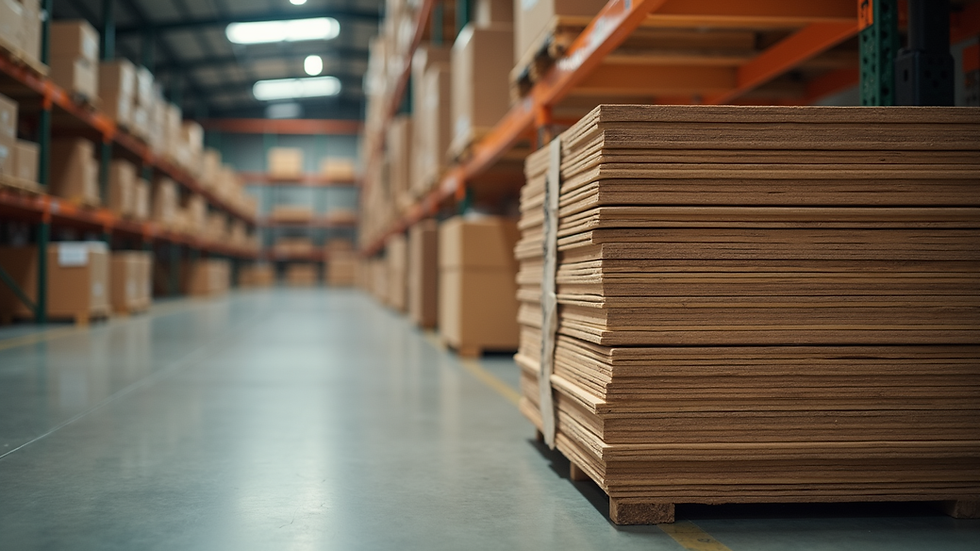 eye-level view of stacked wooden panels in warehouse