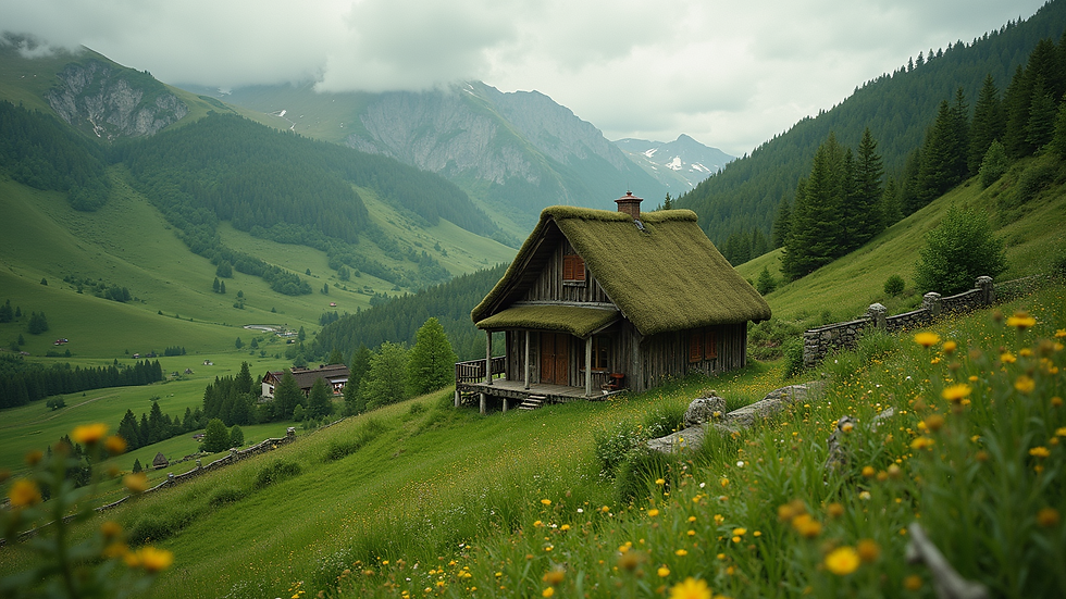 High angle view of a cozy cottage surrounded by green landscape