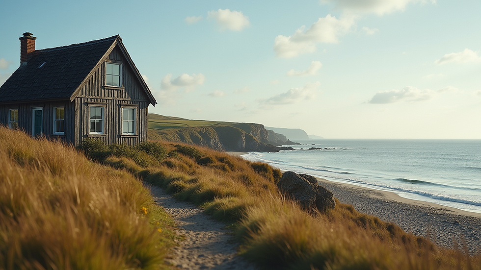Eye-level view of a rustic coastal cottage by the shore