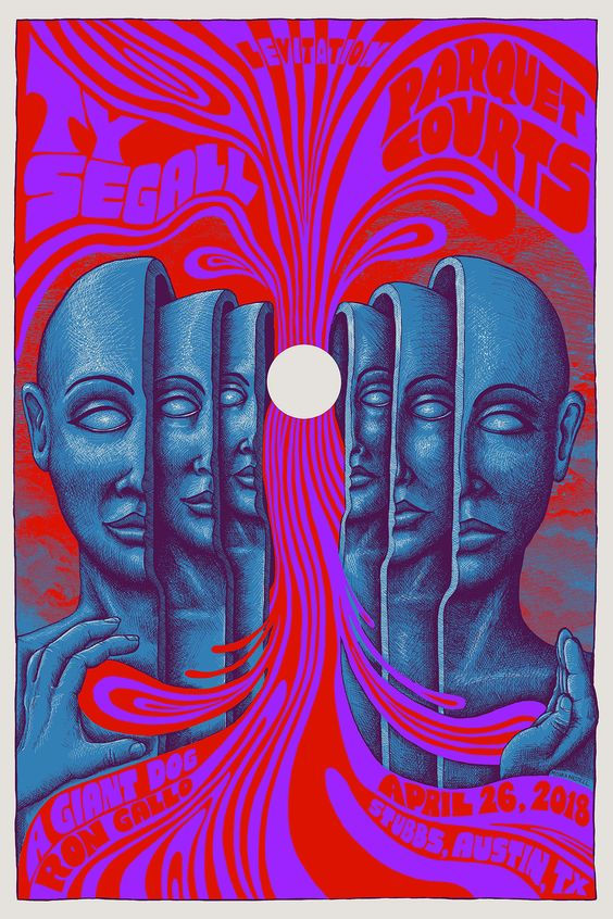 Illustration représentant un crâne qui s'ouvre à l'infini, comme des poupées russes. Au centre, une sphère blanche. A l'arrière, un fond psychédélique rouge et rose.