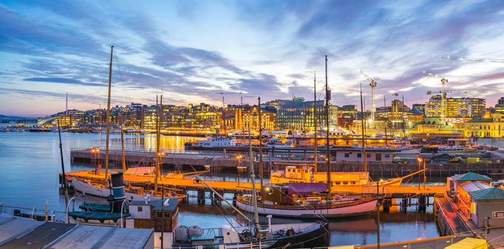 A sunset at the Oslo port in Norway