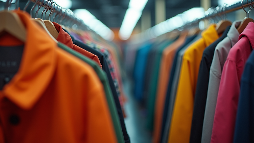 Eye-level view of a clothing rack with colorful unique jackets