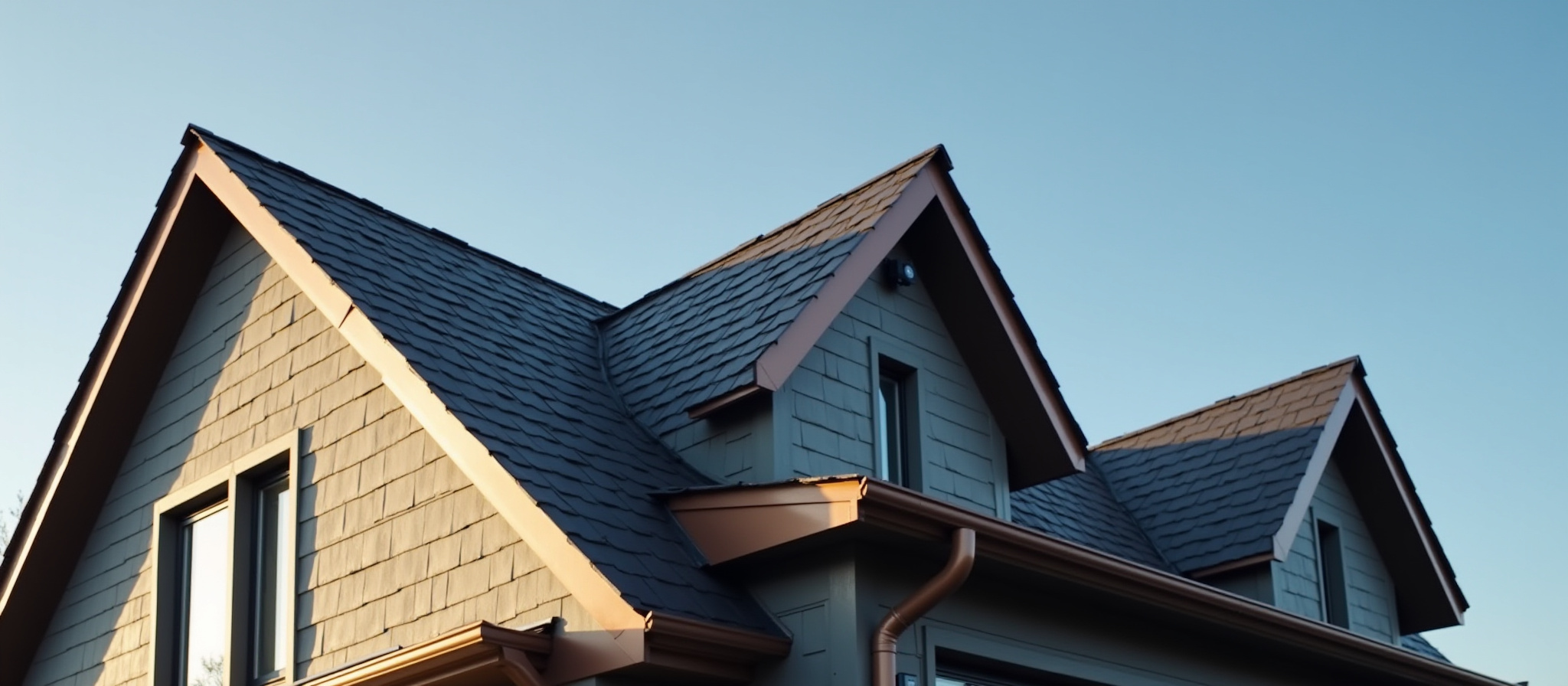 professional asphalt shingle roof on a modern home with new gutters
