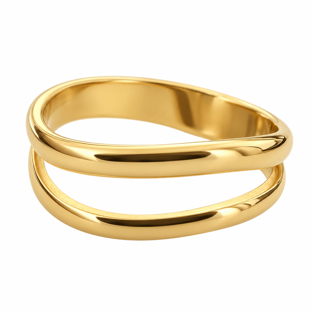 Golden Infinity Coil Ring in polished gold-tone non-tarnish stainless steel on white