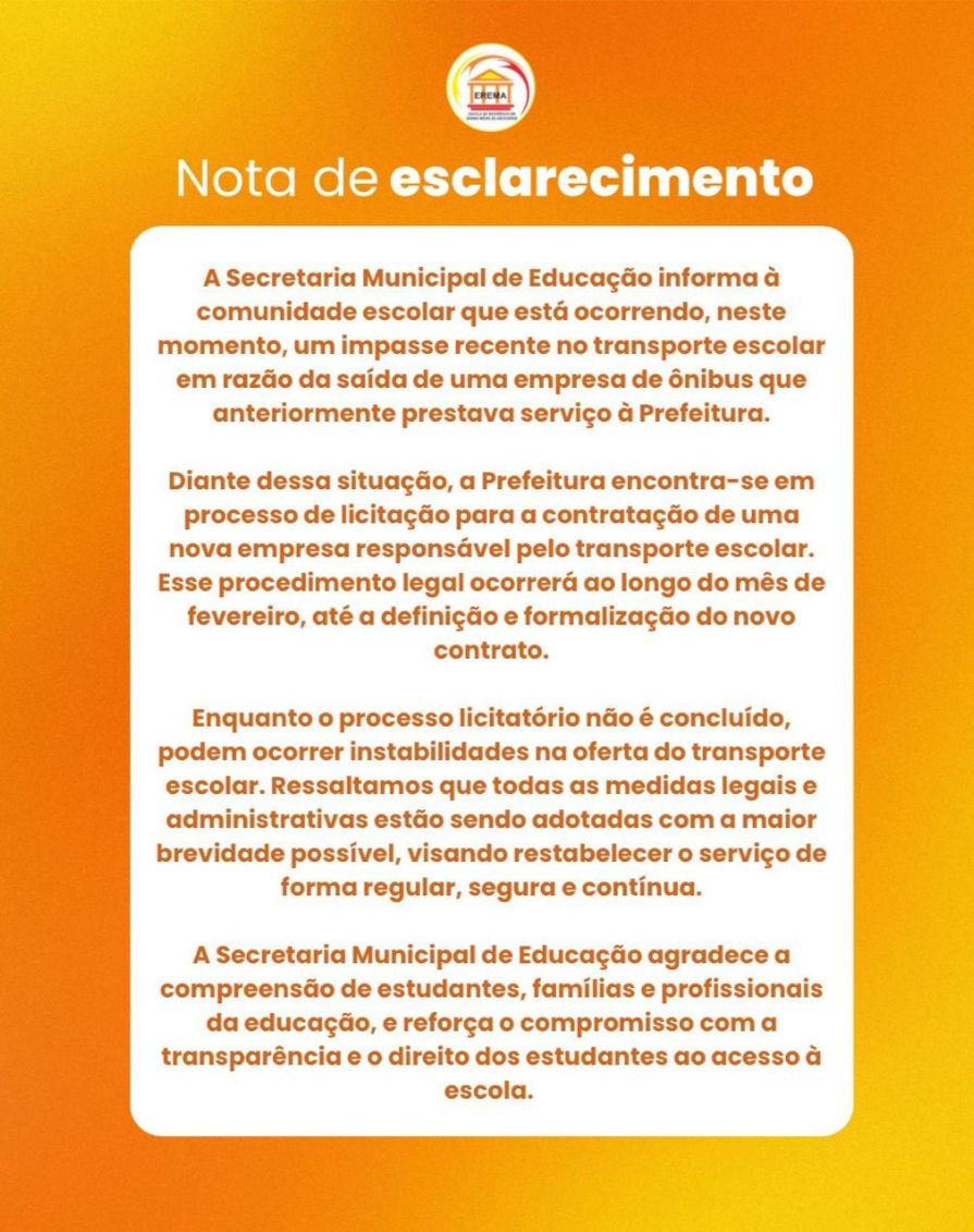 A Secretaria Municipal de Educação de Arcoverde divulgou uma nota para informar um impasse recente no transporte escolar, após a saída de uma empresa de ônibus que prestava serviço ao município.