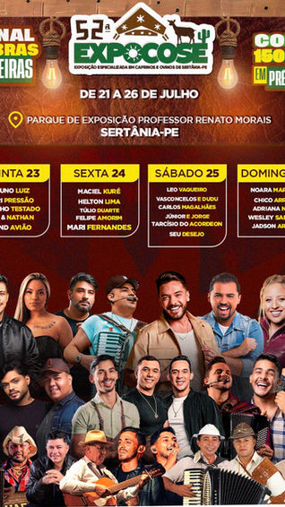 ExpoCose 2026 segue até domingo (26) em Sertânia com Wesley Safadão, Xand Avião e R$ 150 mil em premiações
