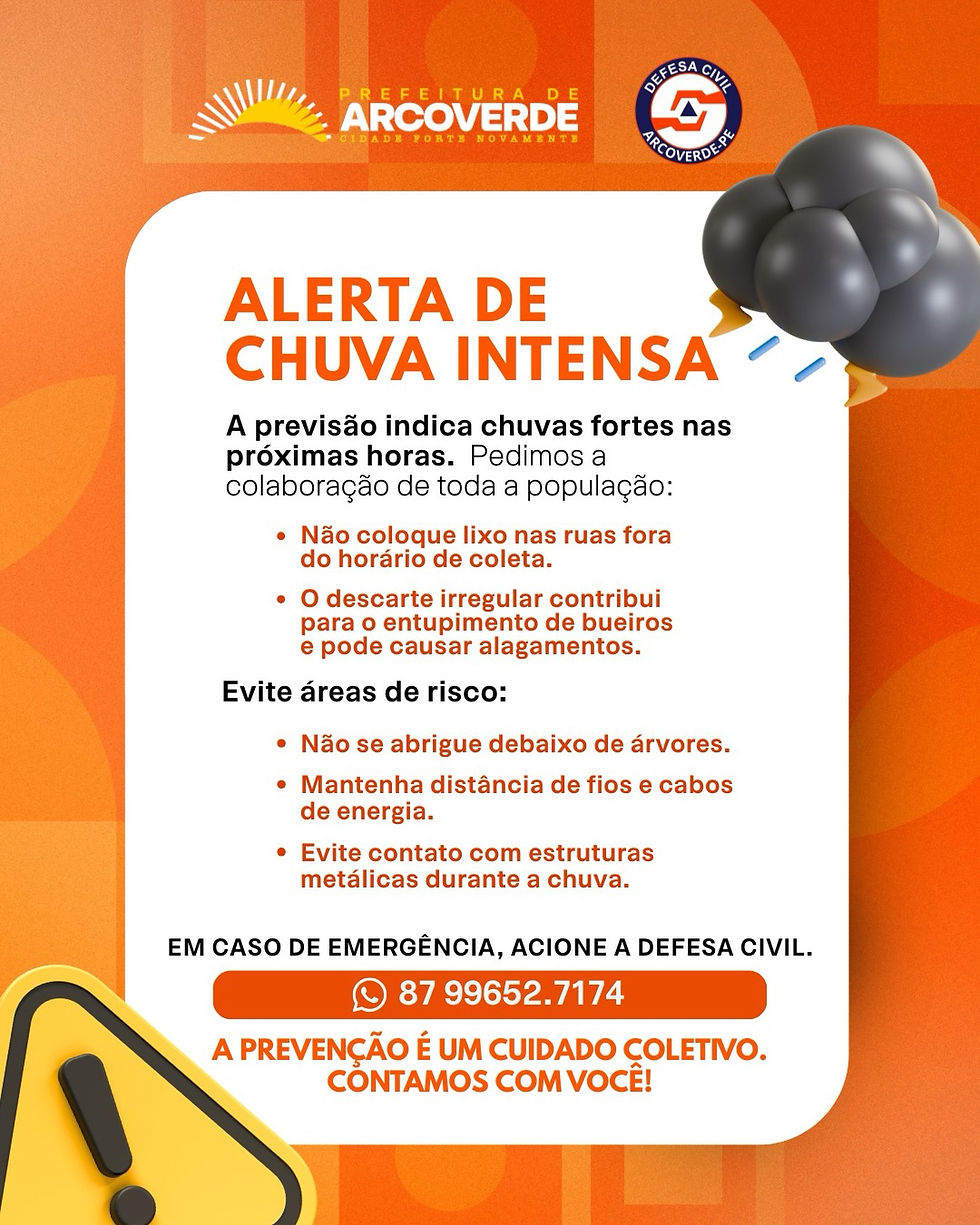 Alerta de chuva intensa em Arcoverde: Defesa Civil alerta a população