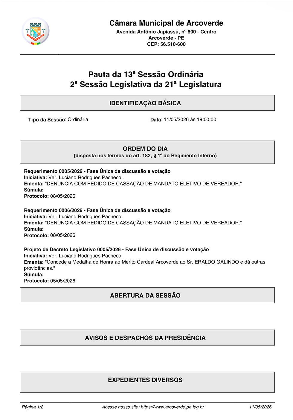 Câmara de Arcoverde deve ler dois novos pedidos de cassação nesta segunda-feira (11)