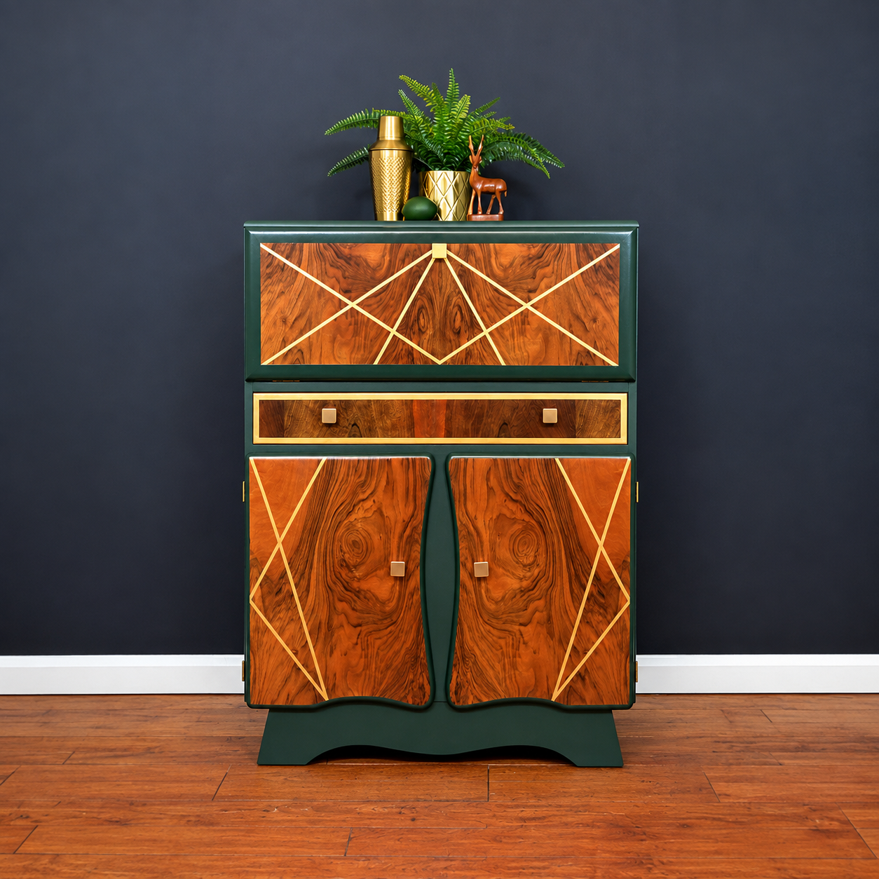 Vintage walnut cocktail cabinet in Manor Green with gold Art Deco design