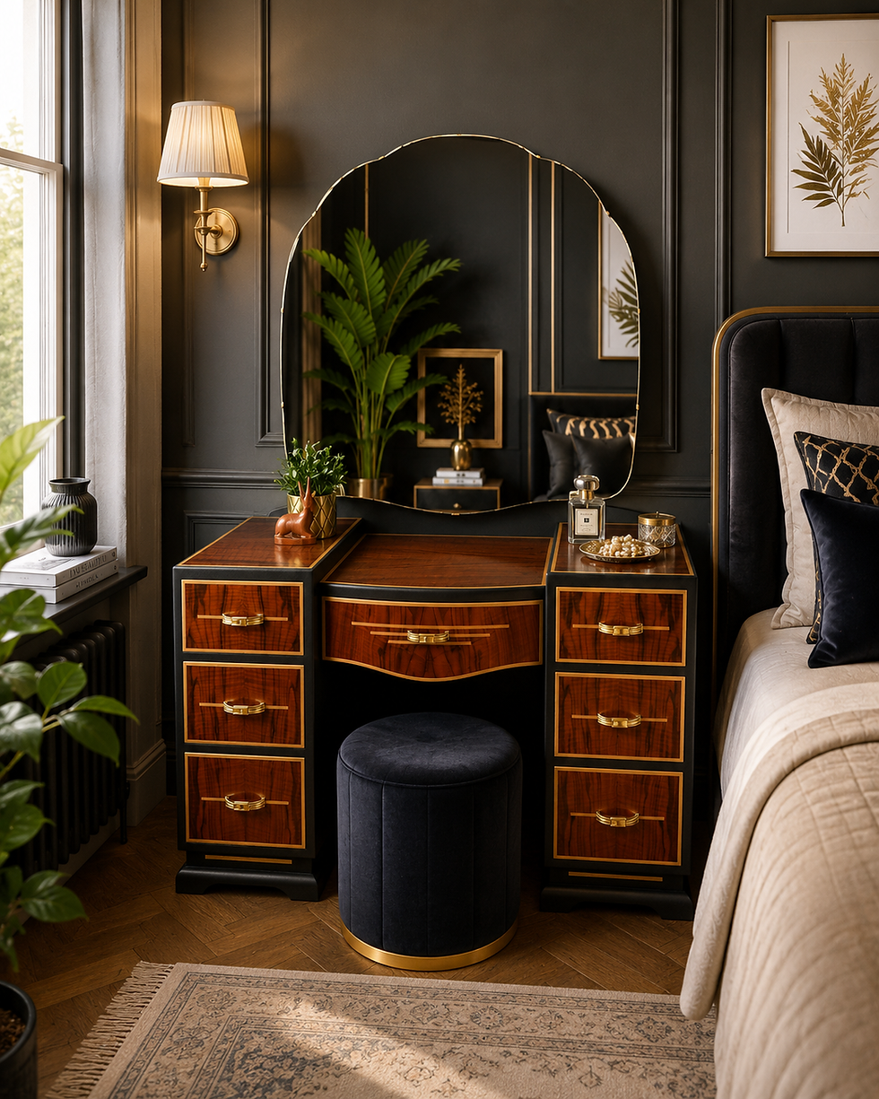 Thumbnail: Front view of black and burr walnut dressing table with seven drawers and gold detailin
