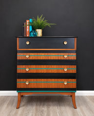 Teak chest of drawers with black, teal and brass detailing