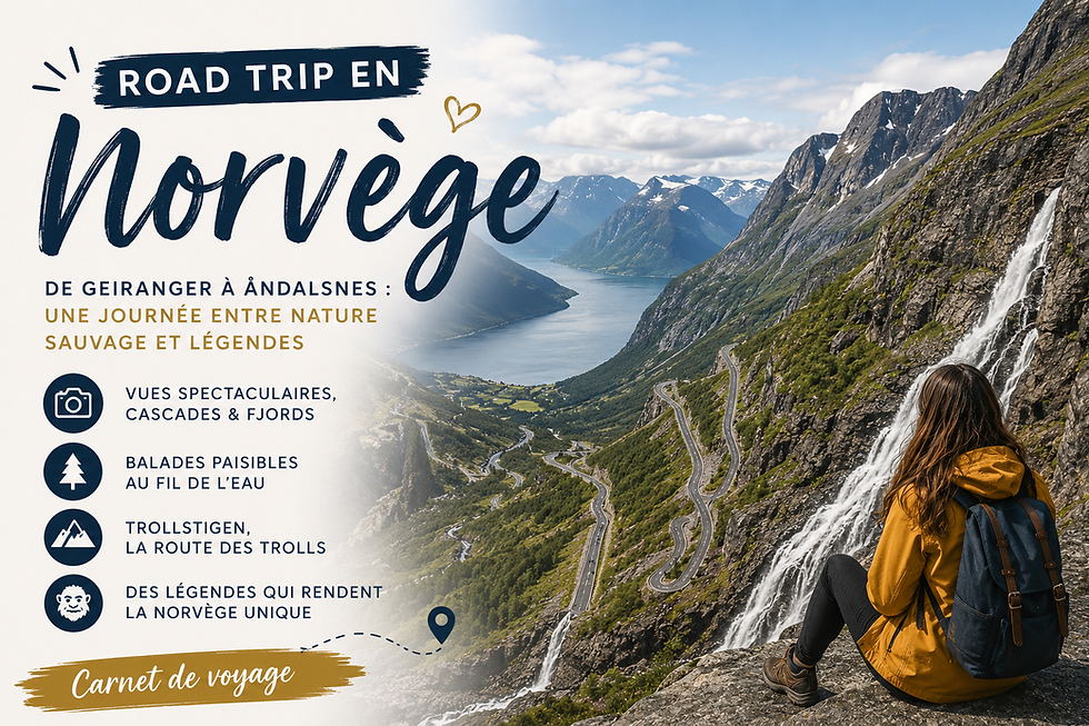 Affiche de road trip en Norvège: femme en imper jaune face à un fjord, cascades et route sinueuse; texte sur Geiranger-Åndalsnes.