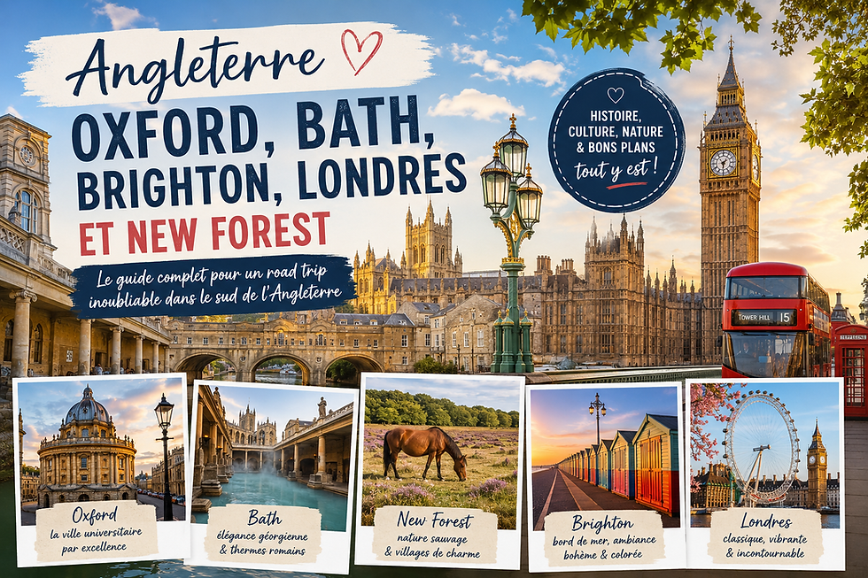 Affiche voyage sur l’Angleterre: Oxford, Bath, Brighton, Londres et New Forest, avec Big Ben, bus rouge, chevaux et cabines colorées.