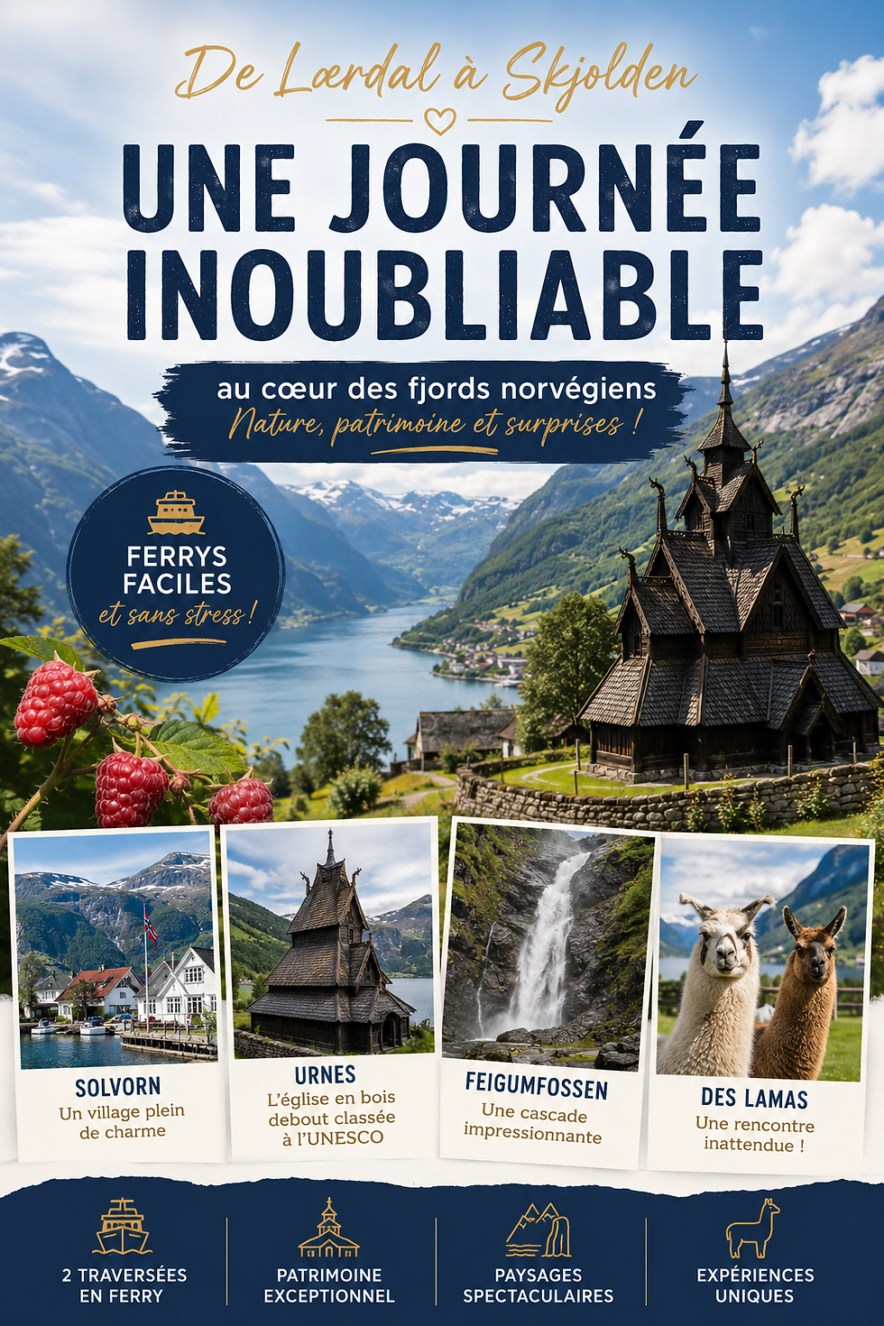 Affiche touristique des fjords norvégiens avec église en bois, cascade, lamas, baie et titre Une journée inoubliable.