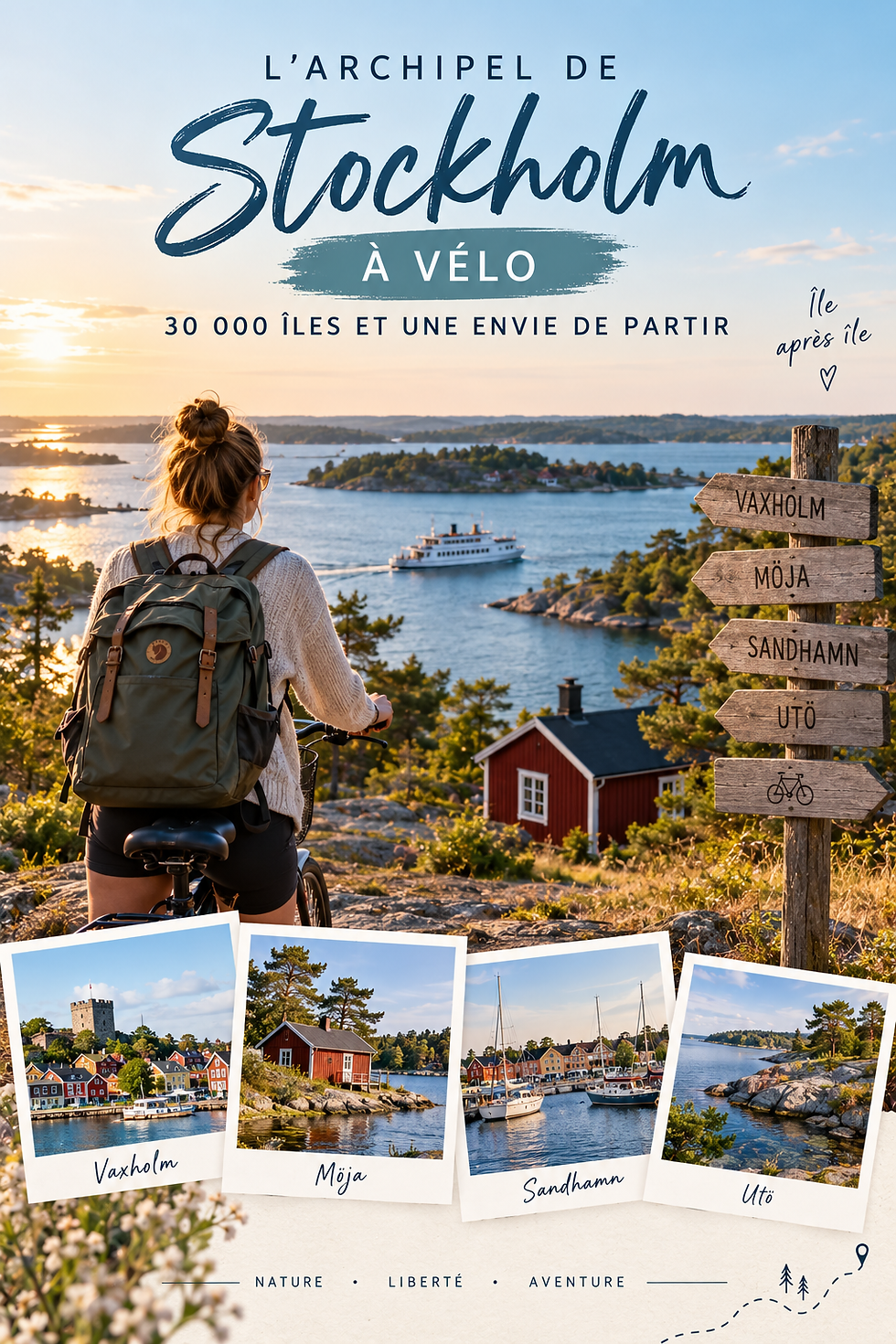 Femme à vélo face à l’archipel de Stockholm au coucher du soleil, panneaux Vaxholm, Möja, Sandhamn, Utö.