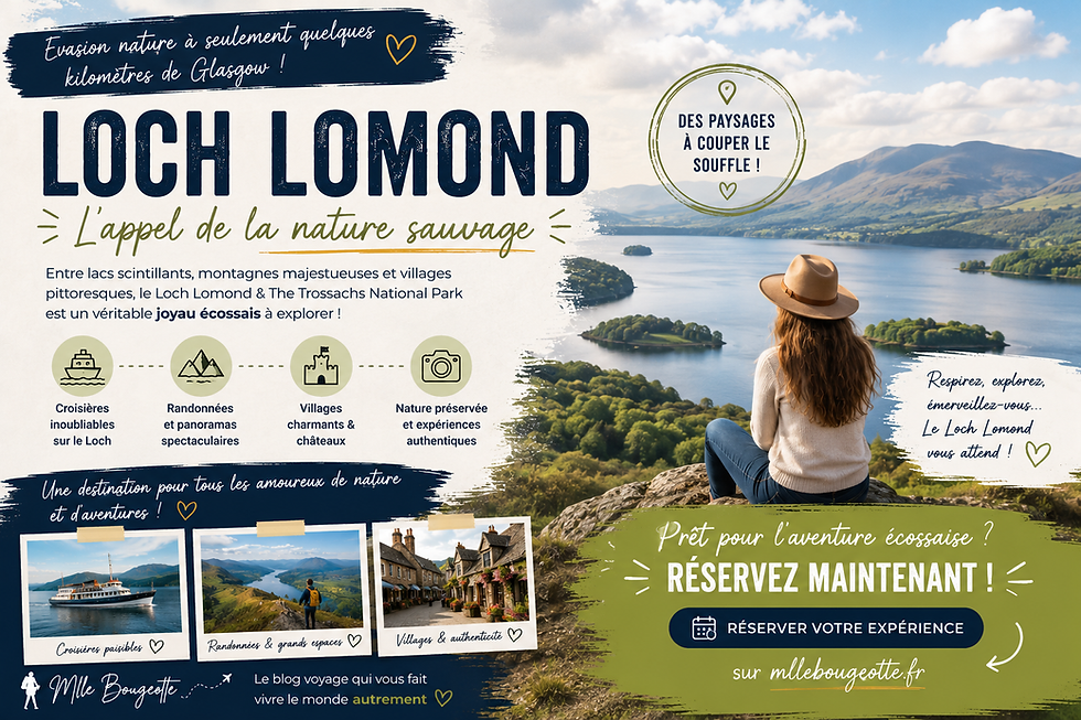 Affiche Loch Lomond : femme dos face au lac et aux montagnes, avec textes promo Réservez maintenant et Le Loch Lomond vous attend.