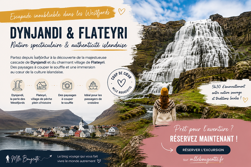 Affiche de voyage sur Dynjandi & Flateyri : cascade islandaise, village côtier, randonneuse, appel à réserver.