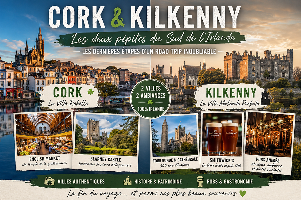 Affiche de voyage Cork & Kilkenny : villes irlandaises, château, marché, pubs, bières Smithwick’s, coucher de soleil.