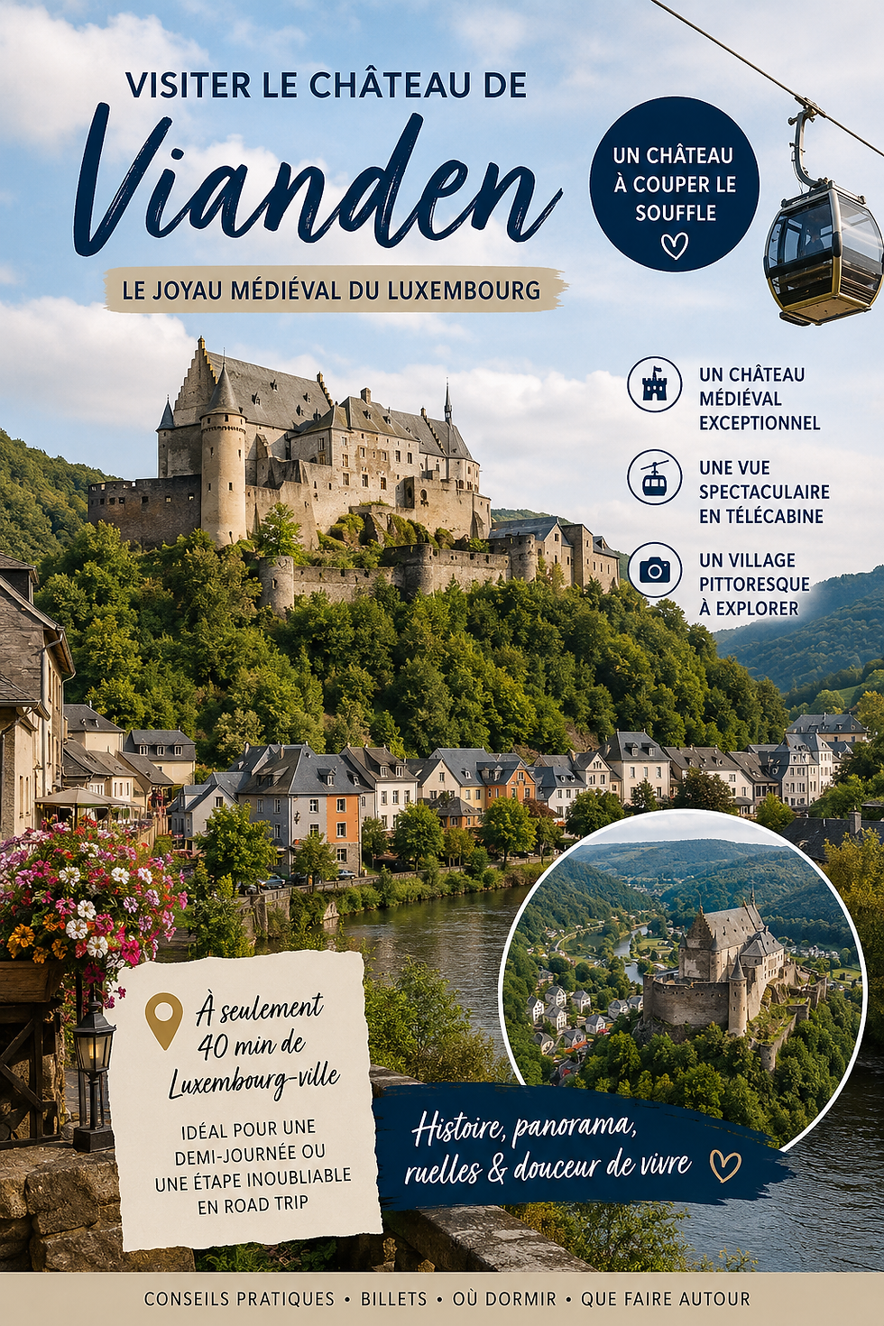 Affiche touristique du château de Vianden au Luxembourg, avec téléphérique, village riverain et ciel bleu.