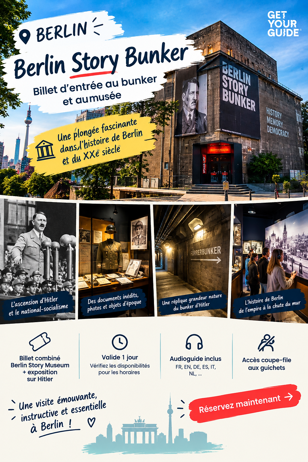 Affiche du Berlin Story Bunker à Berlin, avec photos du bunker, couloirs d’expo et texte: visite émouvante, réservez maintenant.