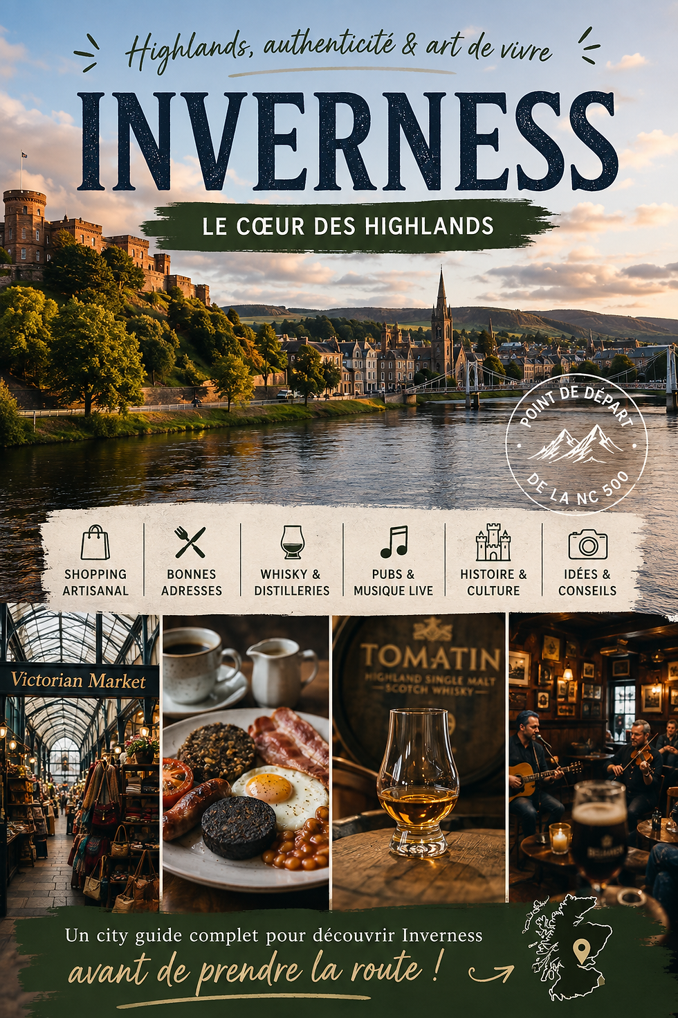 Affiche de voyage sur Inverness: château, rivière et ville au coucher du soleil, avec le texte Inverness, le cœur des Highlands.
