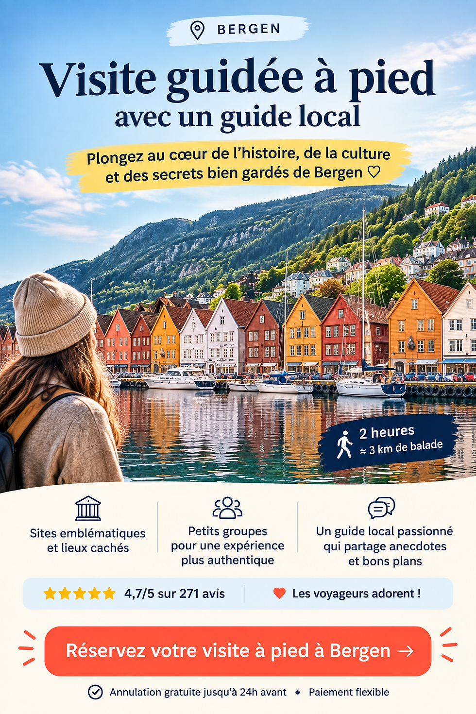 Affiche de visite guidée à pied à Bergen: femme face aux maisons colorées du port, texte promo et bouton Réservez.