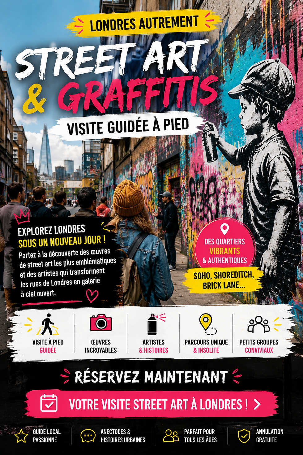 Affiche de visite guidée de street art à Londres, ruelle couverte de graffitis, groupe de visiteurs et texte promotionnel.