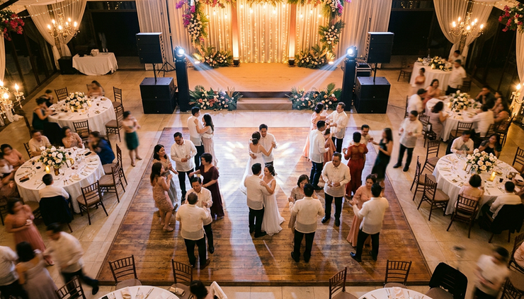 Overhead view of a wedding dance floor with soft beams of light