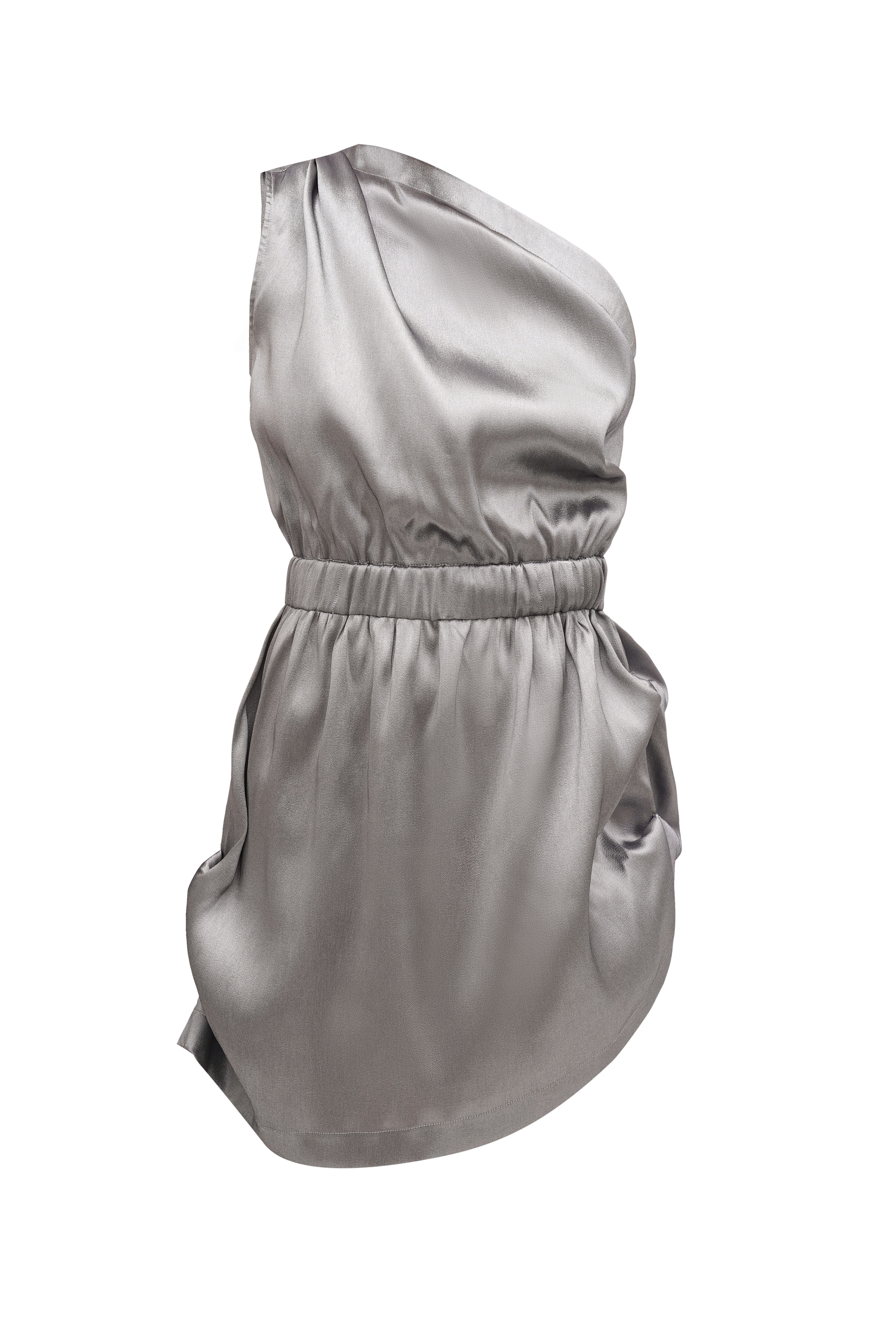 Exclusive premium silk dress with an asymmetrical neckline in the style of quiet luxury.