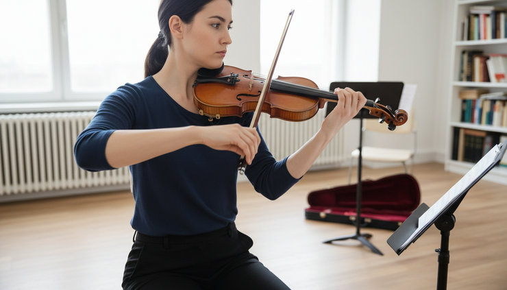 Side view of a violinist testing shoulder rest stability while playing scales
