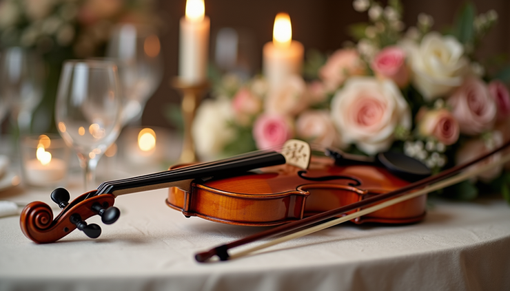 Close-up view of a violin and bow resting on a wedding table setup