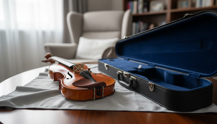 Wide-angle view of a violin resting on a soft cloth beside a closed case.