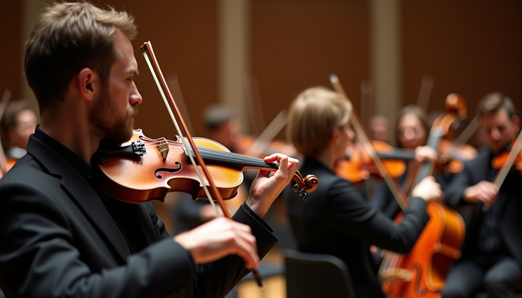 Eye-level view of a violinist performing on stage with orchestra in the background