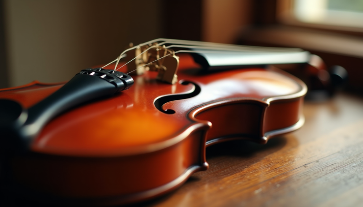 Close-up view of a vintage violin resting on a wooden table